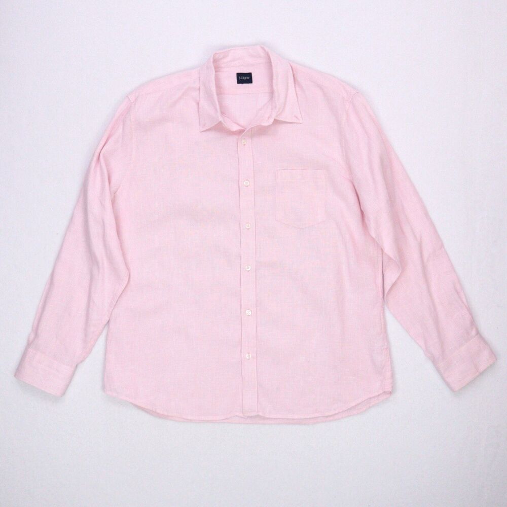 J Crew Shirt Men's Large Pink Gingham Linen Blend Long Sleeve Button-Down Preppy - Picture 2 of 7